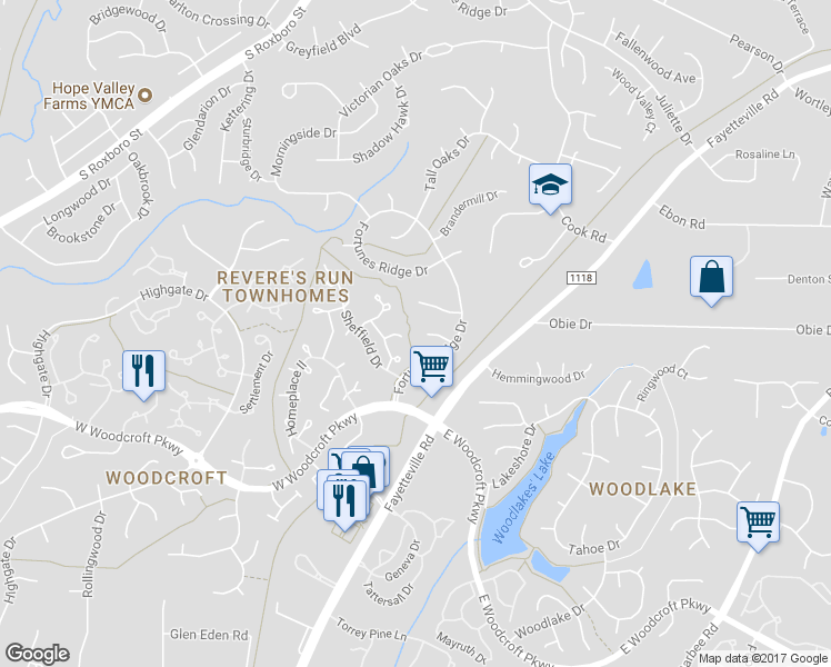 map of restaurants, bars, coffee shops, grocery stores, and more near 14 Greystone Court in Durham