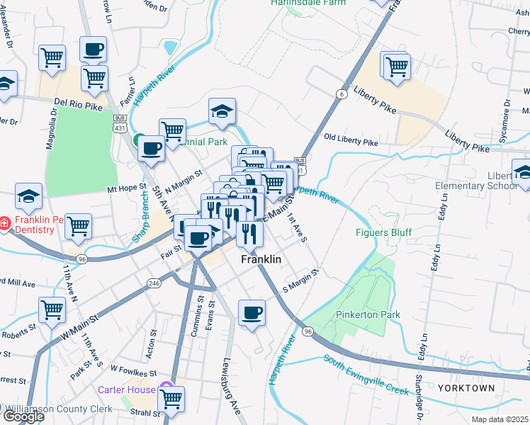map of restaurants, bars, coffee shops, grocery stores, and more near 130 2nd Avenue North in Franklin