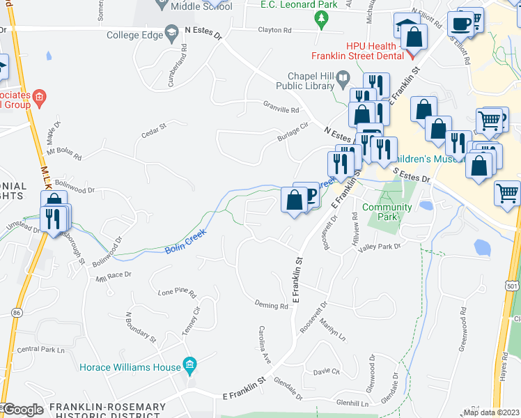 map of restaurants, bars, coffee shops, grocery stores, and more near 220 Elizabeth Street in Chapel Hill