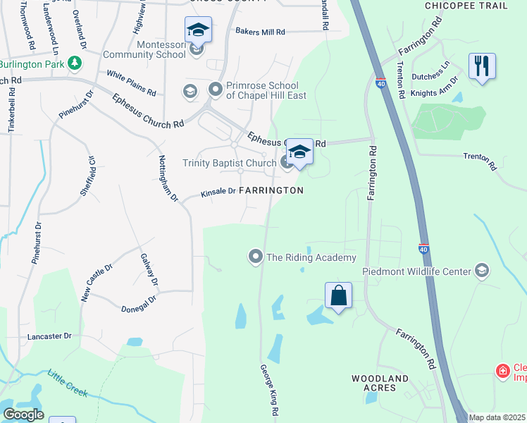 map of restaurants, bars, coffee shops, grocery stores, and more near 9 Coggins Mine Court in Chapel Hill