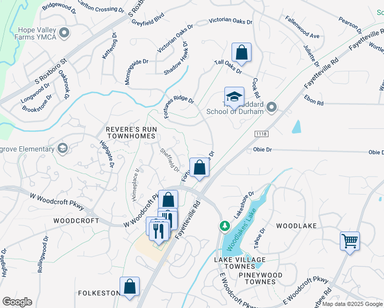 map of restaurants, bars, coffee shops, grocery stores, and more near 14 Greystone Court in Durham