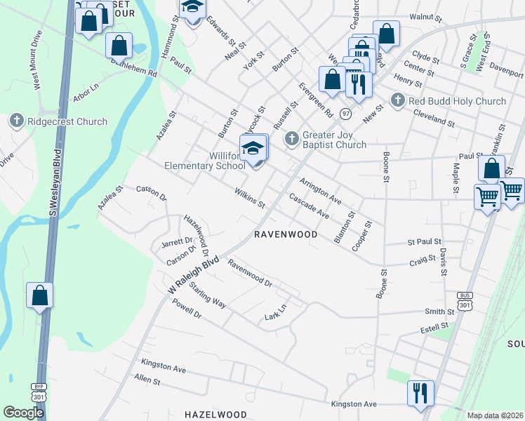 map of restaurants, bars, coffee shops, grocery stores, and more near 809 Wilkins Street in Rocky Mount