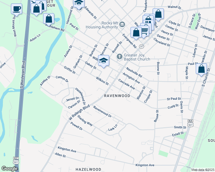 map of restaurants, bars, coffee shops, grocery stores, and more near 1622 West Raleigh Boulevard in Rocky Mount