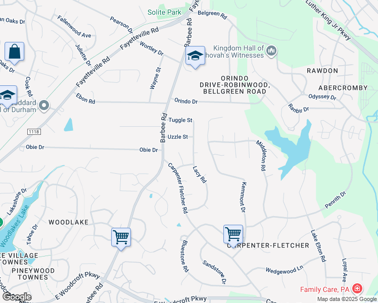 map of restaurants, bars, coffee shops, grocery stores, and more near 5310 Lacy Road in Durham