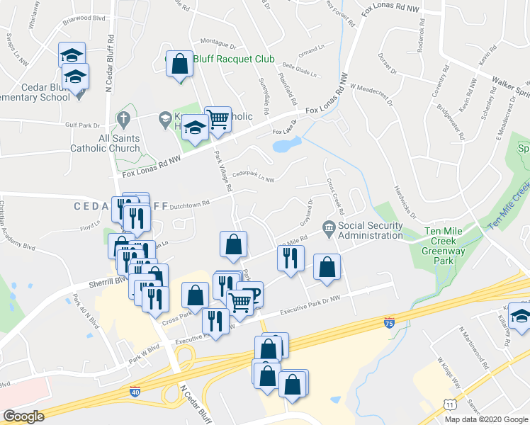 map of restaurants, bars, coffee shops, grocery stores, and more near 9033 Countrywood Drive in Knoxville
