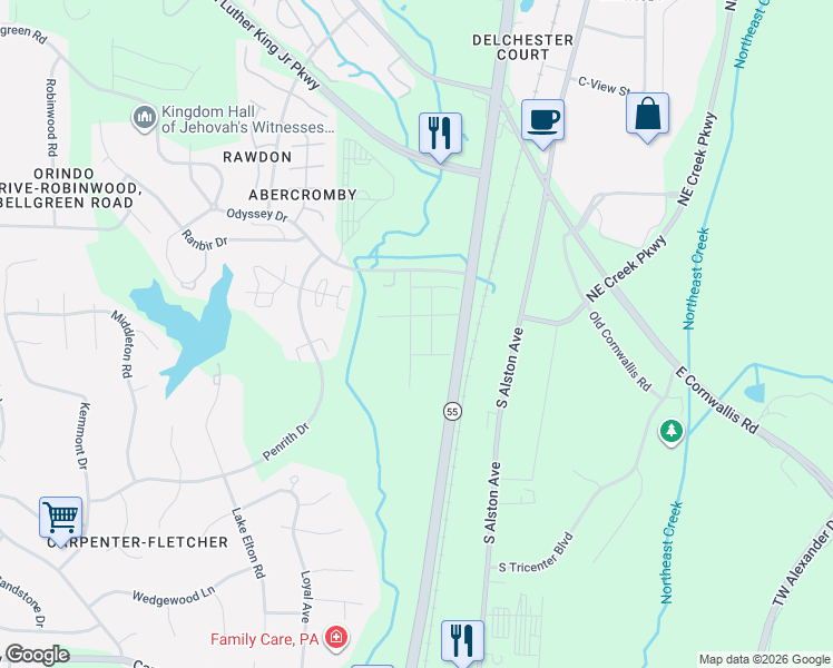 map of restaurants, bars, coffee shops, grocery stores, and more near 3500 Apex Highway in Durham