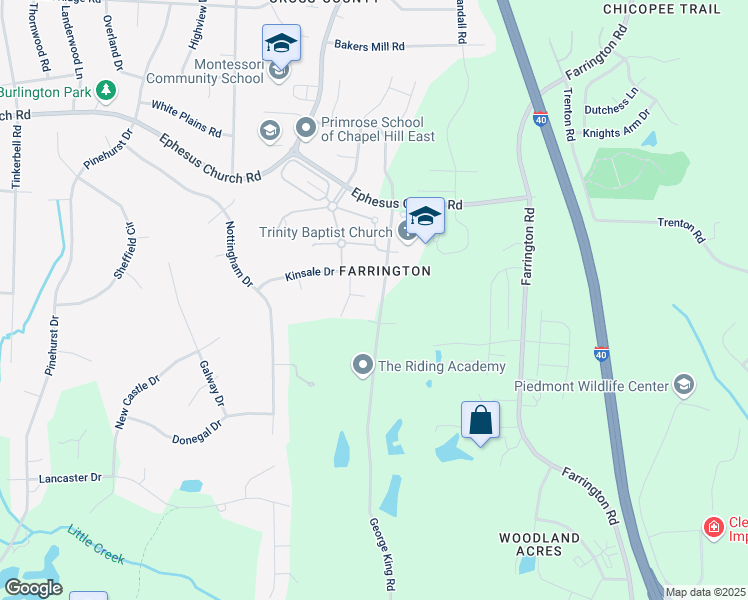 map of restaurants, bars, coffee shops, grocery stores, and more near 9 Coggins Mine Court in Chapel Hill