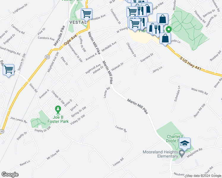 map of restaurants, bars, coffee shops, grocery stores, and more near 608 Lester Road in Knoxville