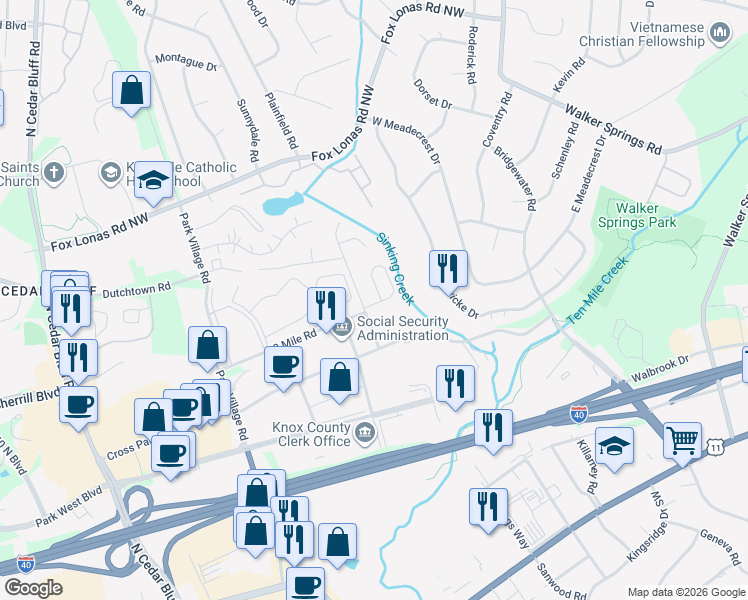 map of restaurants, bars, coffee shops, grocery stores, and more near 408 Cross Creek Road in Knoxville