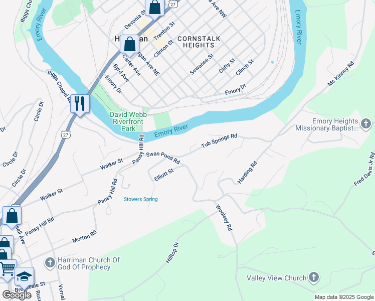 map of restaurants, bars, coffee shops, grocery stores, and more near 127 Tub Springs Road in Harriman
