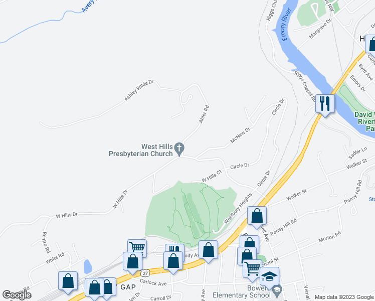 map of restaurants, bars, coffee shops, grocery stores, and more near 408 West Hills Drive in Harriman