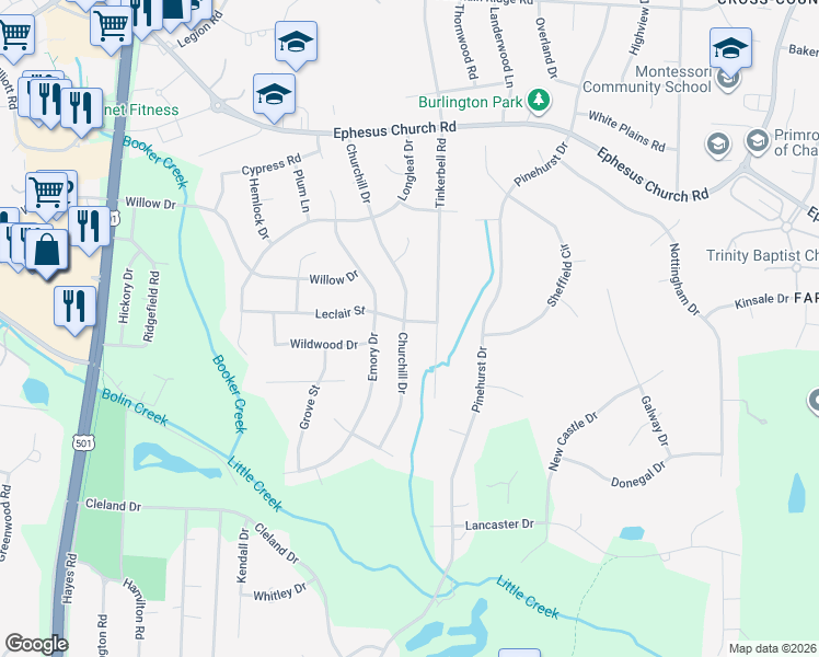 map of restaurants, bars, coffee shops, grocery stores, and more near 801 Churchill Drive in Chapel Hill
