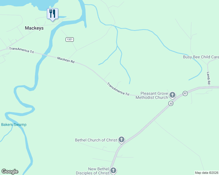 map of restaurants, bars, coffee shops, grocery stores, and more near 8578 Mackeys Road in Roper