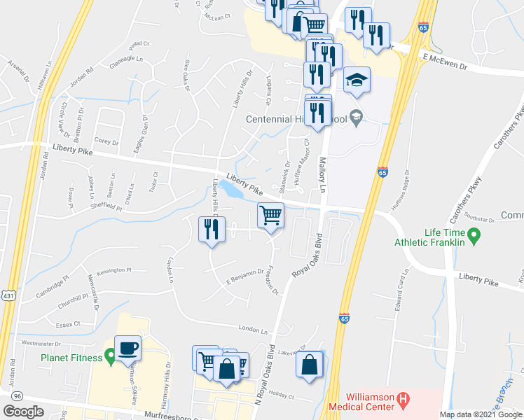 map of restaurants, bars, coffee shops, grocery stores, and more near 521 Dale Court in Franklin
