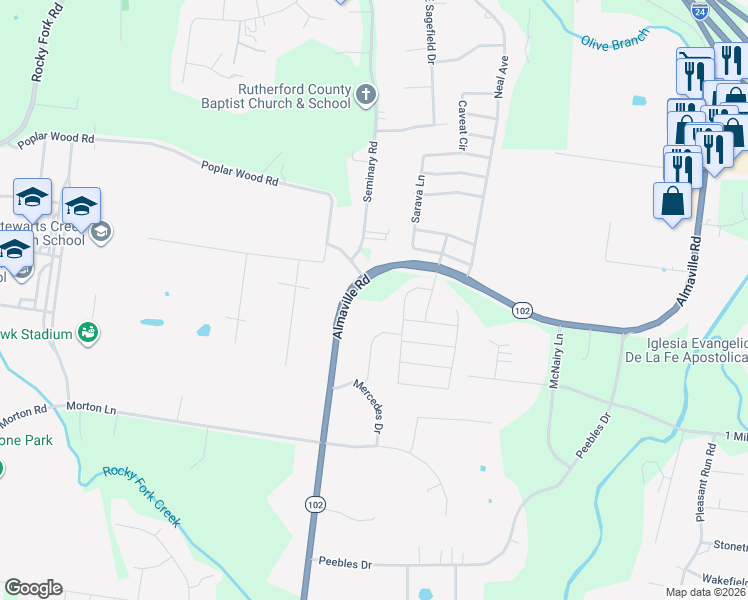 map of restaurants, bars, coffee shops, grocery stores, and more near 2579 Almaville Road in Smyrna