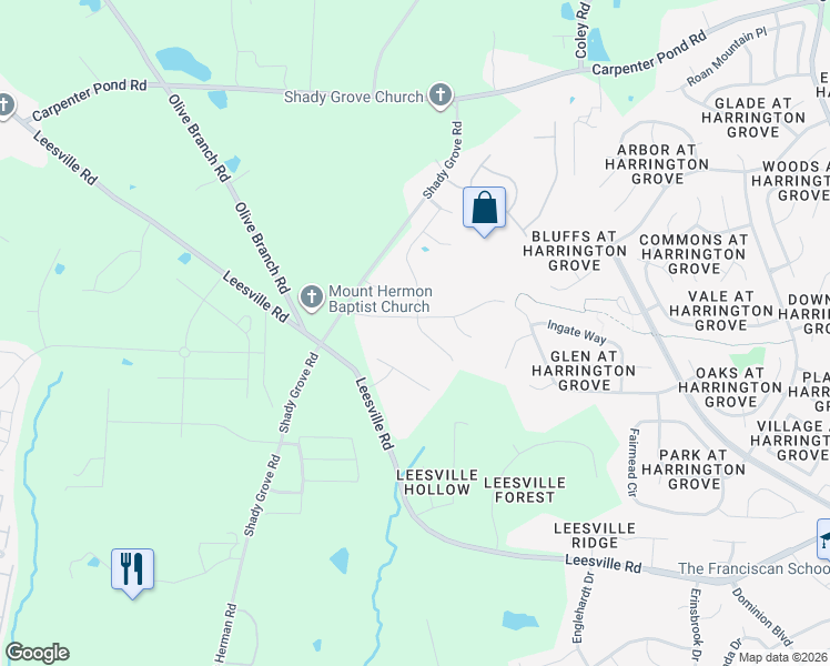 map of restaurants, bars, coffee shops, grocery stores, and more near 5504 Spindlewood Court in Durham