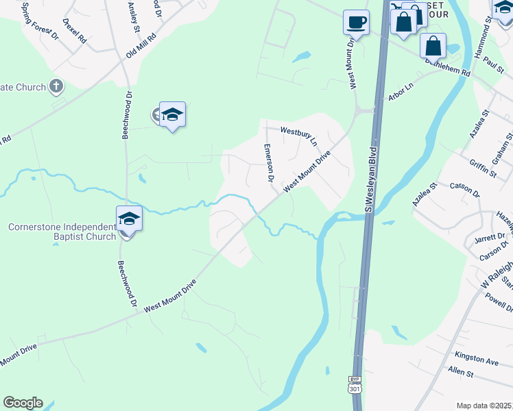 map of restaurants, bars, coffee shops, grocery stores, and more near 1412 West Mount Drive in Rocky Mount