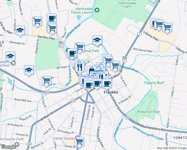 map of restaurants, bars, coffee shops, grocery stores, and more near 316 Bridge Street in Franklin