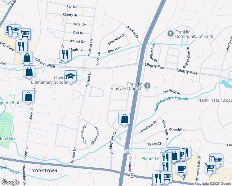 map of restaurants, bars, coffee shops, grocery stores, and more near 500 Prince of Wales Court in Franklin