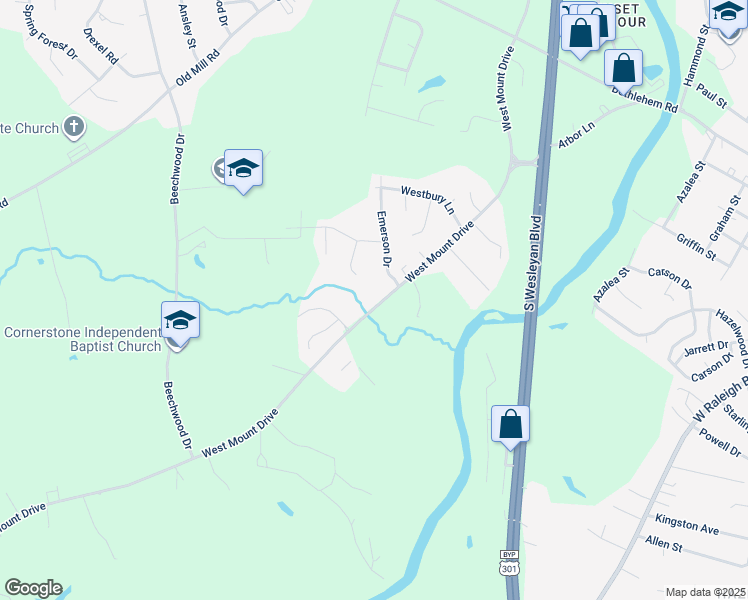 map of restaurants, bars, coffee shops, grocery stores, and more near 1412 West Mount Drive in Rocky Mount