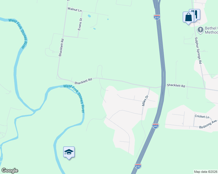 map of restaurants, bars, coffee shops, grocery stores, and more near 3351 Shacklett Road in Murfreesboro