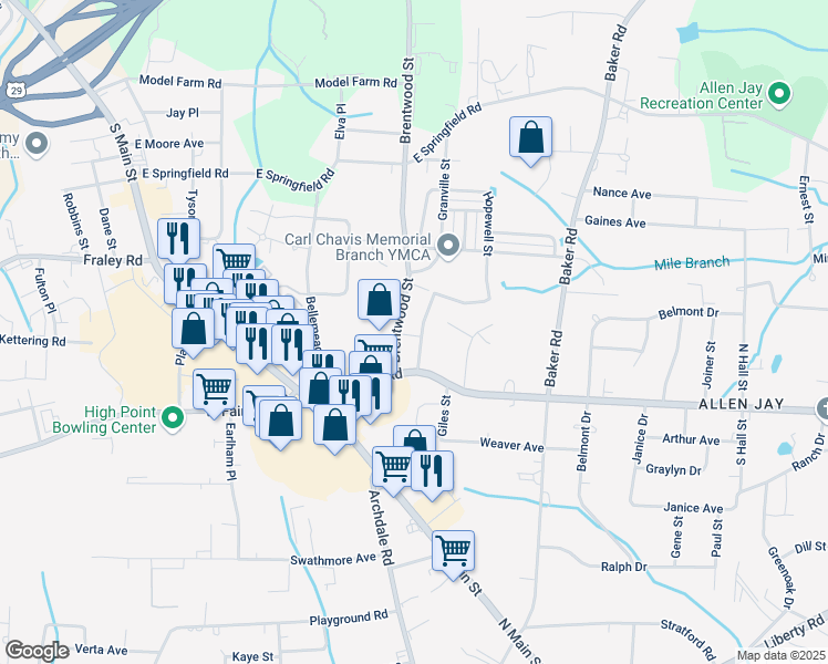 map of restaurants, bars, coffee shops, grocery stores, and more near 2415 Brentwood Street in High Point