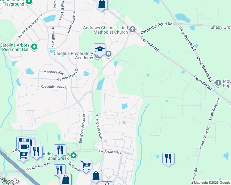 map of restaurants, bars, coffee shops, grocery stores, and more near 1131 Timbercut Drive in Durham