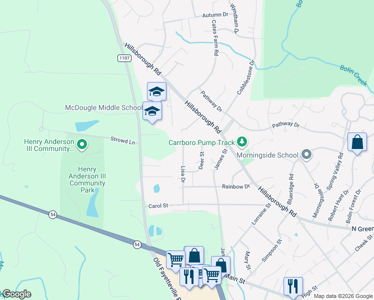 map of restaurants, bars, coffee shops, grocery stores, and more near 107 Lisa Street in Carrboro