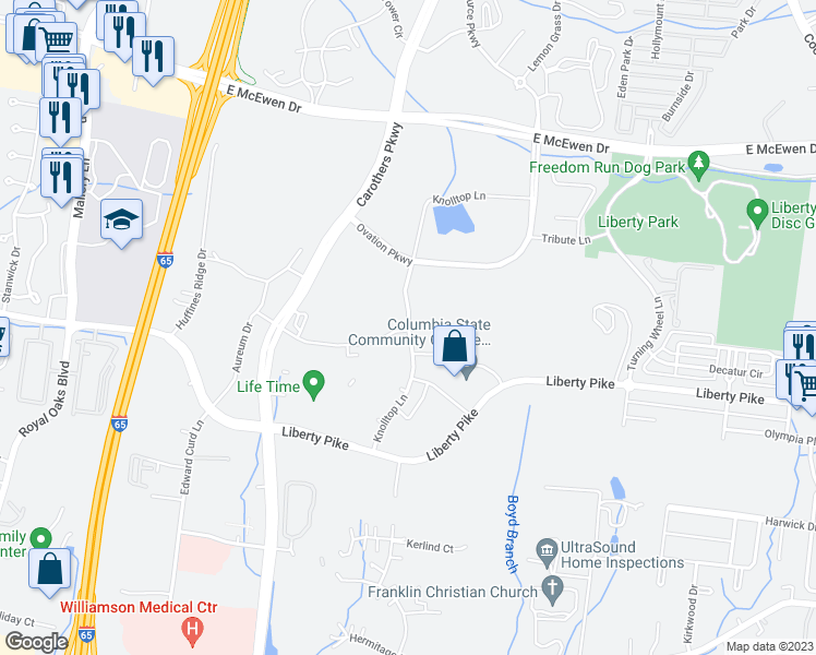 map of restaurants, bars, coffee shops, grocery stores, and more near Knolltop Lane in Franklin