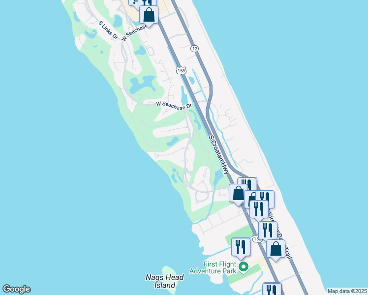 map of restaurants, bars, coffee shops, grocery stores, and more near Seabreeze Court in Nags Head