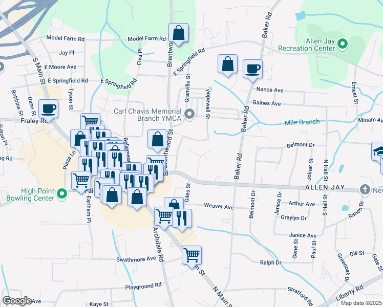map of restaurants, bars, coffee shops, grocery stores, and more near 121 Thomas Street in Archdale