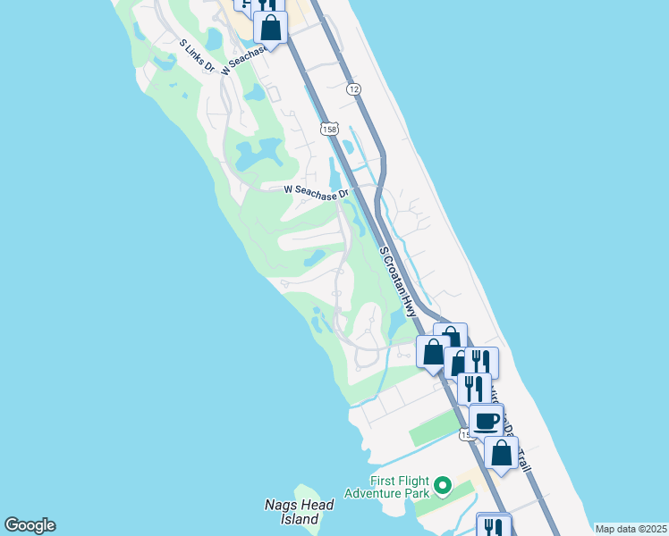 map of restaurants, bars, coffee shops, grocery stores, and more near Seabreeze Court in Nags Head