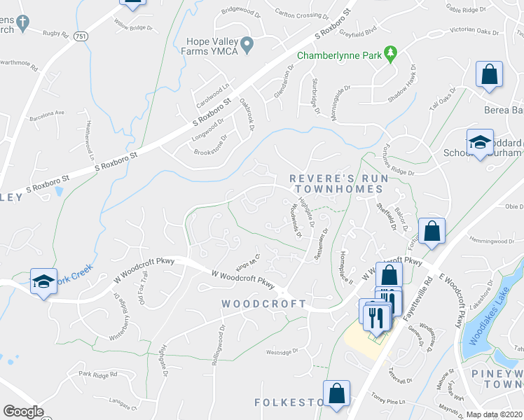 map of restaurants, bars, coffee shops, grocery stores, and more near 3706 Chimney Ridge Place in Durham