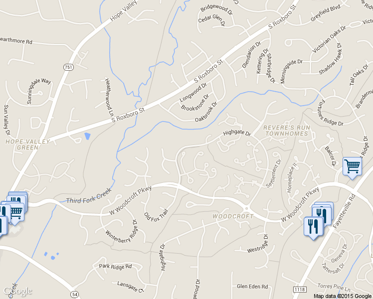 map of restaurants, bars, coffee shops, grocery stores, and more near 3601 Highgate Drive in Durham