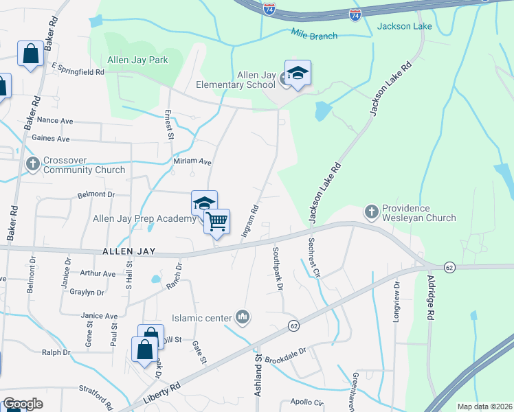map of restaurants, bars, coffee shops, grocery stores, and more near 2714 Ingram Road in High Point