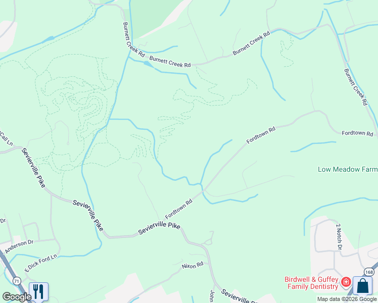 map of restaurants, bars, coffee shops, grocery stores, and more near 735 Fordtown Road in Knoxville