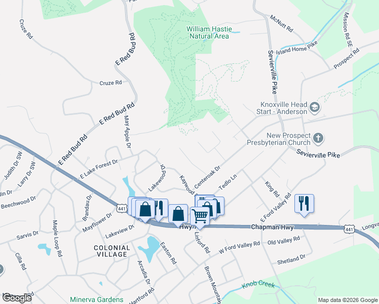 map of restaurants, bars, coffee shops, grocery stores, and more near 6005 Pamela Lane in Knoxville