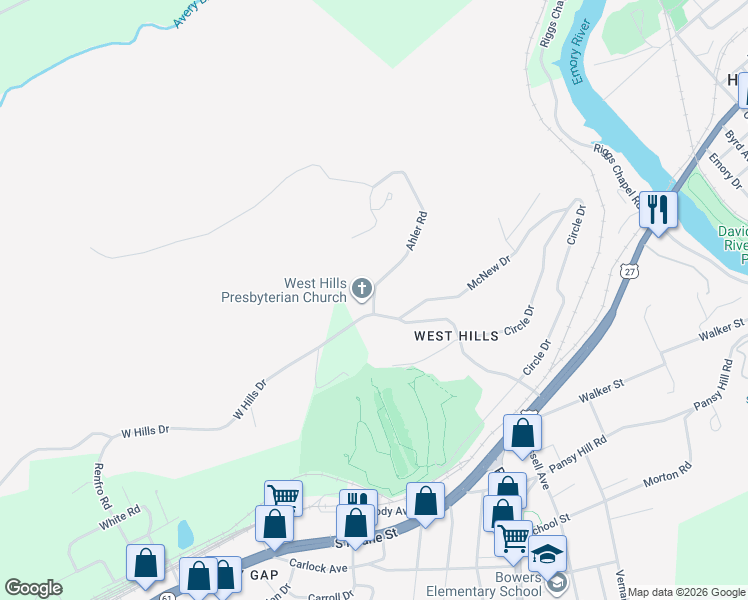 map of restaurants, bars, coffee shops, grocery stores, and more near 408 West Hills Drive in Harriman