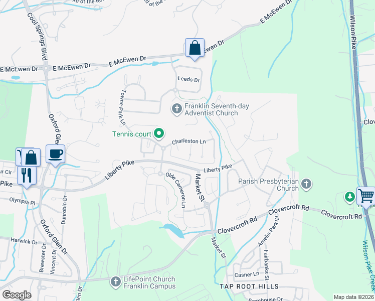 map of restaurants, bars, coffee shops, grocery stores, and more near 1904 Kingsley Court in Franklin