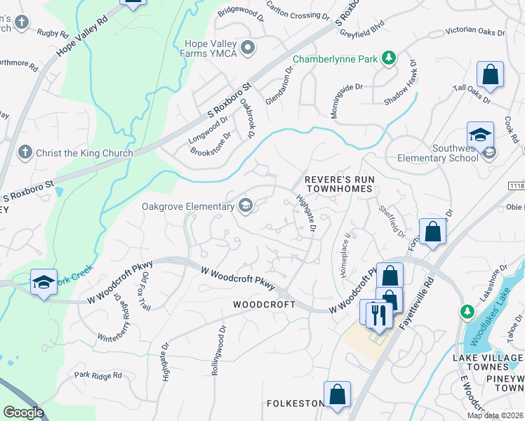 map of restaurants, bars, coffee shops, grocery stores, and more near 3706 Chimney Ridge Place in Durham