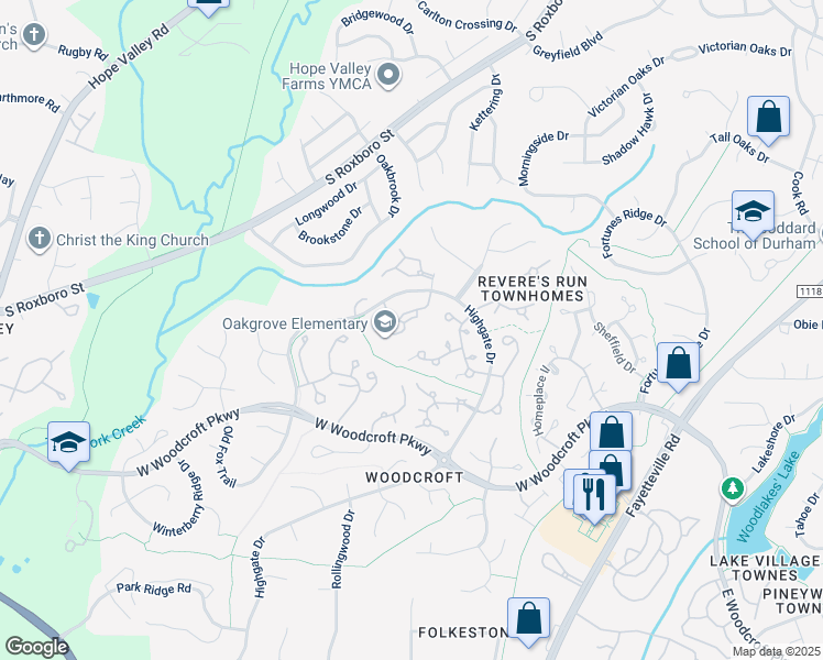 map of restaurants, bars, coffee shops, grocery stores, and more near 3706 Chimney Ridge Place in Durham