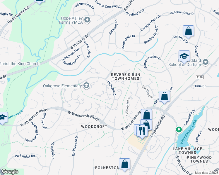 map of restaurants, bars, coffee shops, grocery stores, and more near 5 Applewood Square in Durham