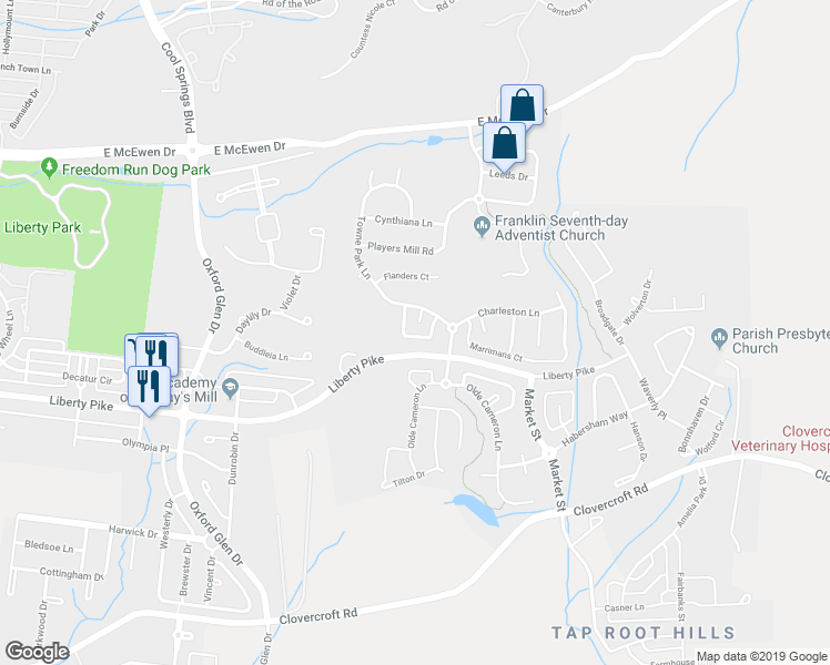 map of restaurants, bars, coffee shops, grocery stores, and more near 1207 Homewood Court in Franklin