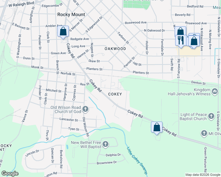 map of restaurants, bars, coffee shops, grocery stores, and more near Sherrod Street in Rocky Mount