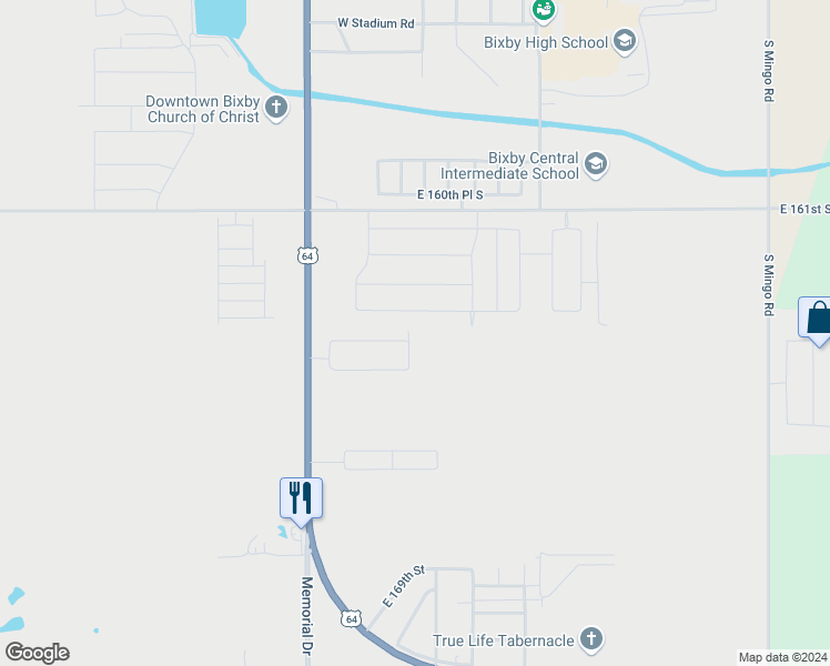 map of restaurants, bars, coffee shops, grocery stores, and more near 8403 East 164th Street South in Bixby