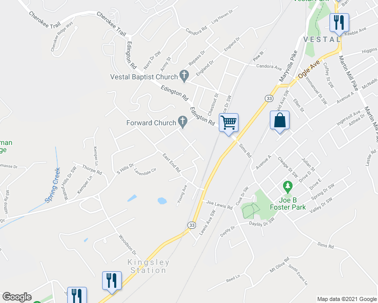 map of restaurants, bars, coffee shops, grocery stores, and more near 1504 James Drive in Knoxville