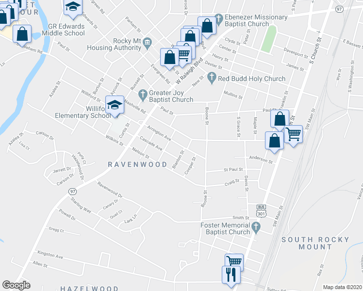 map of restaurants, bars, coffee shops, grocery stores, and more near 516 Arrington Avenue in Rocky Mount