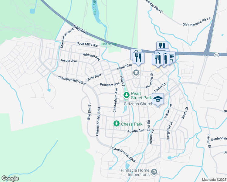 map of restaurants, bars, coffee shops, grocery stores, and more near 102 Glass Springs Drive in Franklin