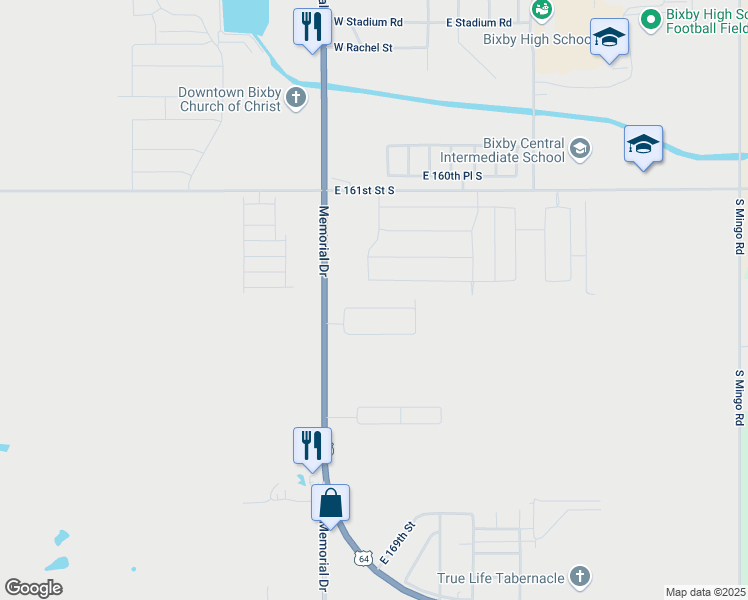 map of restaurants, bars, coffee shops, grocery stores, and more near 8219 East 164th St S in Bixby