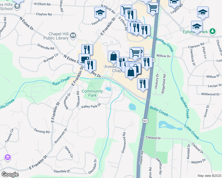map of restaurants, bars, coffee shops, grocery stores, and more near 130 South Estes Drive in Chapel Hill